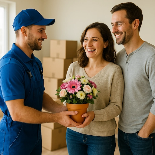 A mover handing a flower bouquet to a client